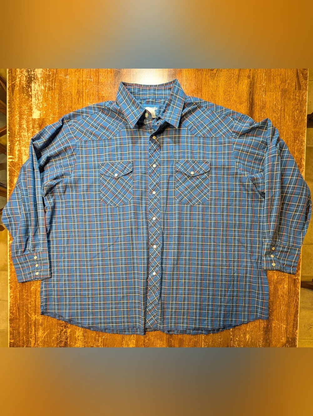 Wrangler Western Shirt Mens XL Blue Plaid Lightweight Pearl Snaps Vintage Top